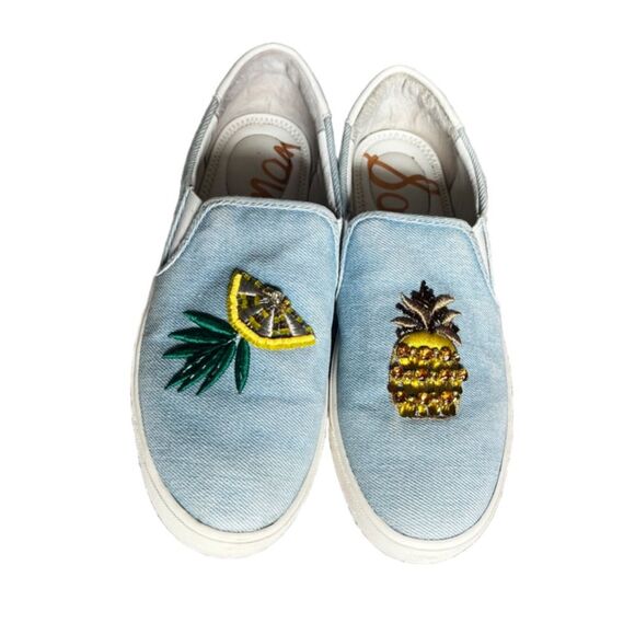 Sam Edelman Evelina pineapple/lemon embellished slip on denim shoe size 8 - Picture 1 of 10